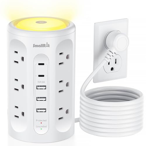 Surge Protector Power Strip Tower with 5 USB Ports and Night Light,10FT Extension Cord with 12 AC Multiple Outlets (White)