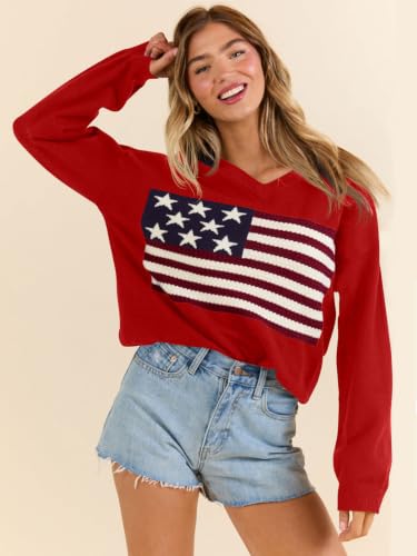 Image of Dressmine Womens American Flag Knit Sweater Crew Neck Long Sleeve Pullover