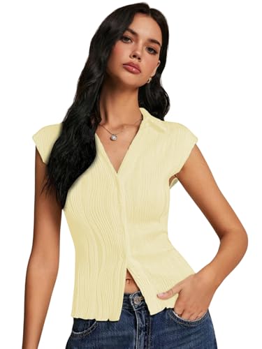 Image of GRECIILOOKS Korean Tees for Women | Tops for Woman | Collared Casual Summer Tops for Women Western | Knitted Top Button-Up Short Sleeve Crop Top |Summer Stylish Texture Korean Knit Tee