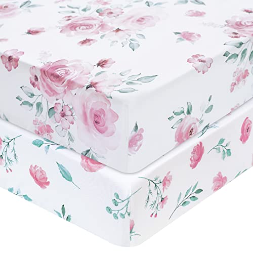 Image of David's Kids 100% Cotton Fitted Crib Sheets, 2 Pack Ultra Soft Breathable Comfortable Baby Sheet Set for Girls, 28x52 Inch Fits Standard Crib and Toddler Mattresses, Floral Flowers