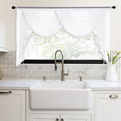 NICETOWN Swag Valance for Living Room Farmhouse Waterfall Valance Kitchen Sheer Curtains Country Beaded Curtains for Nursery Baby Bedroom, 1 Panel, Wh