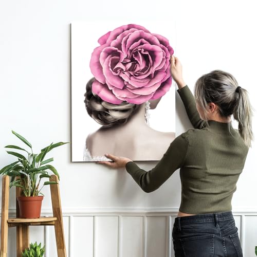 Image of PAINTINGMANTRA Stretched Modern Canvas Wall Art Painting, Women Pink Rose Artwork for Living Room, Home, Bedroom, Office Decoration (Set of 1, 16x22 Inch)