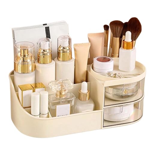 Image of zuku MakeUp Organizer Stand Desk Storage Dressing Table Organiser Cosmetic Organizer Box Skin Care Table Bathroom Organiser Makeup Storage Box Makeup Vanity with Transparent Drawer(Cream)