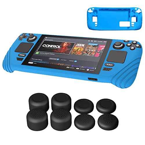 Ermorgen Funda de silicona compatible con Valve Steam Deck Consola, funda con 8 piezas de color negro, tapa basculante de silicona de 4 alturas, antideslizante, con ranura de ventilación, color azul Cover