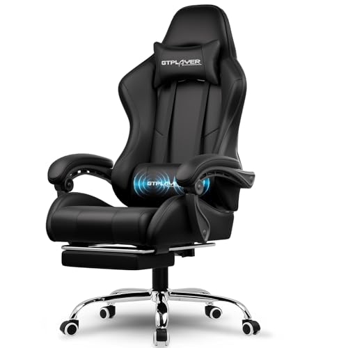GTPLAYER Gaming Chair, Computer Chair with Footrest and Lumbar Support, Height Adjustable Game Chair with 360°-Swivel Seat and Headrest and for Office or Gaming (Faux Leather, Black)