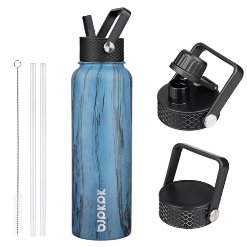 BJPKPK Insulated Water Bottles with Straw Lid, 40oz Large Water Bottle, Stainless Steel Metal Water Bottle with 3 Lids, Reusable Thermos Bottle, Cold & Hot Water Bottle for Sports-Wood Prussian Blue