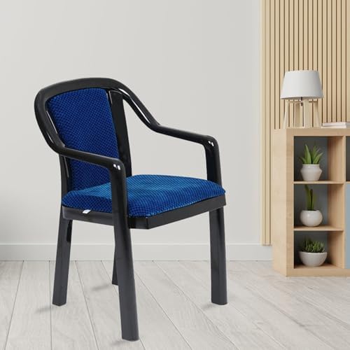 Image of Nilkamal Plastic Chair for Living Room with Arm & Cushion | 3 Year Warranty | for Home, Living Room, Outdoor | Iron Black & Blue Colour | Signature