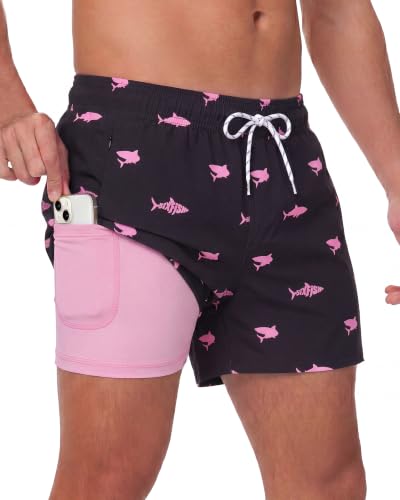 Sixfish Mens Swim Trunks with 4 Inch Compression Liner 2 in 1 Quick Dry Board Shorts with Zipper Pockets & Chafe-Reducing Comfort for Beach Vacation & Pool Parties