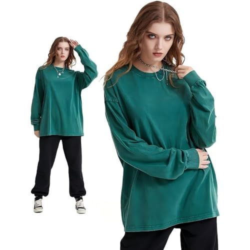T-Shirt Manches Longues Homme Coton Lourd 310G Gris-Vert Unie Ample Vintage