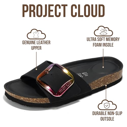 Image of Project Cloud 100% Genuine Leather Sandals Women Dressy Beach Essentials Slides for Women Footwear - Lightweight with Memory Foam Insole Sandals for Women 2026 - Womens Slides