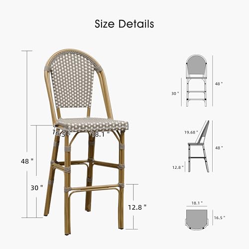 Image of PURPLE LEAF French Bar Stool Set of 4 Bamboo Print Finish Patio Bar Stools with Back Wicker Bar Height Stool 30 inch with Footrest Kitchen Island Stools Outdoor Barstool Grey