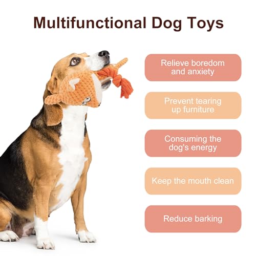 TONYFY Hundespielzeug, Hund Quietschspielzeug mit Knitterpapier, Plüschtier Hund Plüsch Kauspielzeug, Baumwollseil interaktives Spielzeug für Welpen, kleine, mittlere Hunde (Orange Fuchs)