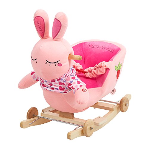 Dporticus Child Rocking Horse Plush Rabbit Rocker Toy With Wheels And Seat Belt Wooden Rocking Horse/Kid Rocking Toy/Baby Rocking Horse/Rocker/Animal Ride On #TOP20