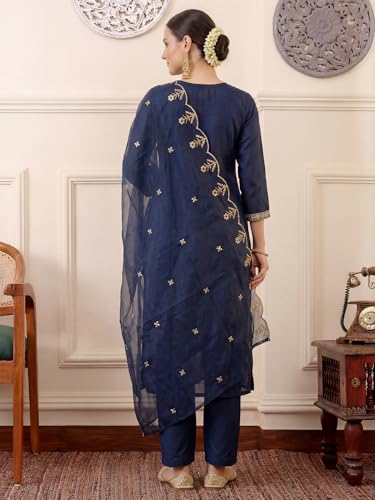 Image of INDO ERA Women's Silk Blend Floral Embroidered Thread Work Straight Kurta & Pant with Dupatta Set | Kurti Set