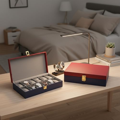 Image of MDF Unisex Faux Leather Watch Organiser Box with 12 Slots | Color: Maroon-Blue