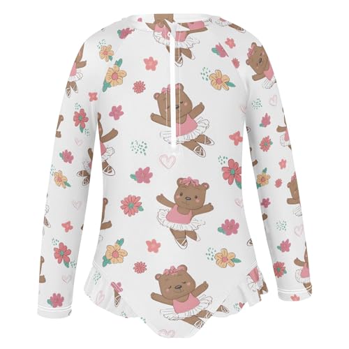 Little Bear Ballet Pattern Girls Long Sleeve Swimsuit Rash Guard One Piece Bathing Suits Zipper 3-12T2