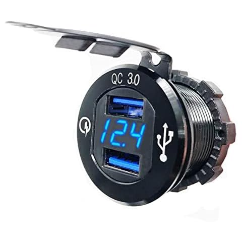 BLUERICE Quick Charge 3.0 Dual USB Outlet, 12V/24V 36W Dual USB QC3.0 Aluminum Car Charger Socket With LED Digital Voltmeter Display for Motorcycle Car Truck Marine Boat Scooter RV Golf Cart Cover