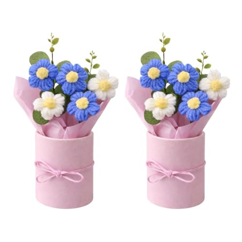 Image of VCR Handmade Blue Crochet Bouquet- Pack of 2 - Hand Woven Knitted Artificial Hand Knitted Bouquet Flower for Office Desk, Table, Car, Bedroom, Wedding & Special Occasions
