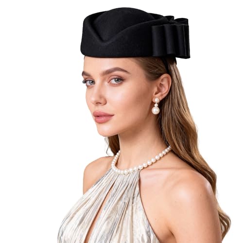 Elegant Wool Pillbox Hat for Women Vintage Black Church Fascinator