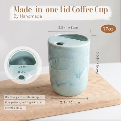 Taza de cerámica artesanal con tapa, 17 oz, color verde espuma miniatura 4