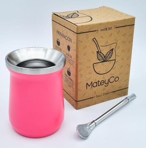 MateyCo Mate argentino con bombilla 236 ml - Kit mate argentino doble pared de acero inoxidable- Set mate argentina (Fucsia)