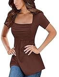 Yesfashion Womens Square Neck Ruched Tops Empire Waist Tunics Short Sleeve Coffee M