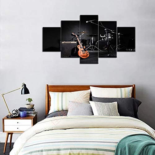 Black and White Wall Art Musical Instruments Pictures Concert Paintings 5 Piece Canvas Wall Art Home Decor for Living Room Modern Artwork Wooden Framed Ready to Hang Posters and Prints(60''Wx32''H) - Thumbnail 4