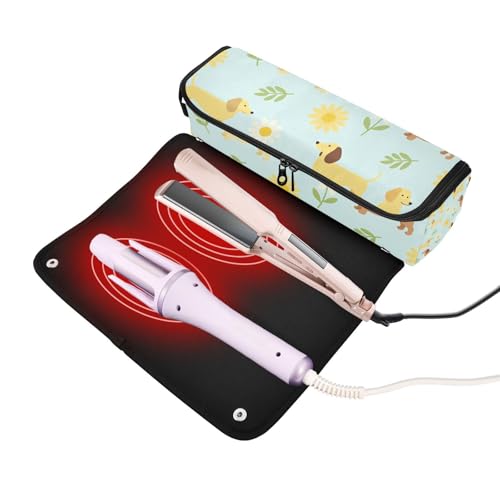 Bolsa para herramienta de cabello con protector resistente al calor y resistente al agua para planchas, rizadores, alisadores, organizador portátil con diseño de perro dachshund azul verdoso miniatura 2