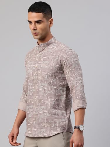 Image of Majestic Man Men's Pure Cotton Printed Mandarin Collar Regular Fit Roll-Up Sleeves Short Kurta