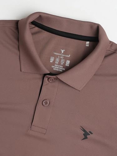 Image of TECHNOSPORT Men's Solid Slim Fit Polo Collar T-Shirt TECHNOCOOL+ Half Sleeve Button Polyester for Gym Running Workout UPF50+ Anti Odour
