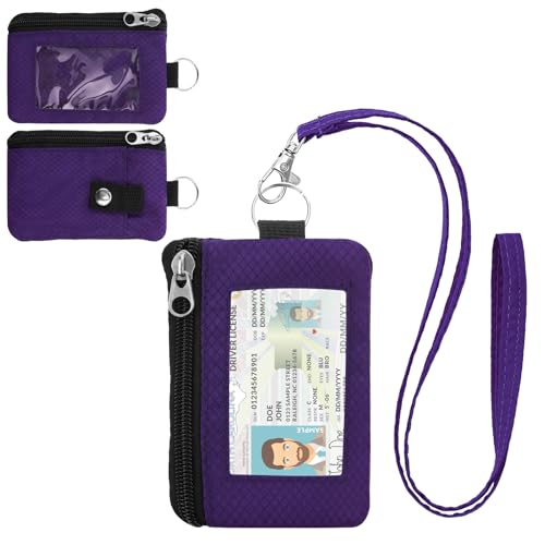 Image of Minimalist RFID Wallet with Lanyard, Multi-functional ID Case with 2 Zipper Pockets and Key Chain for Men and Women, Tactical Badge Pouch Cards Holder, Coin Purse for Travel Sports - Dark Purple