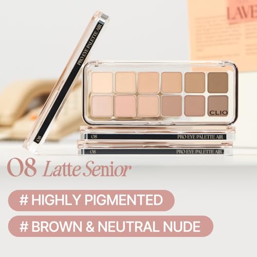 Image of CLIO Pro Eye Palette Air, 12-Color Eye Shadow Palette, Matte Shimmer Mix, Air-Fit Blendable Pigmented Buildable Color, Low Fallout, Warm Brown Nude Neutral Tone, Daily Korean Makeup (08 LATTE SENIOR)