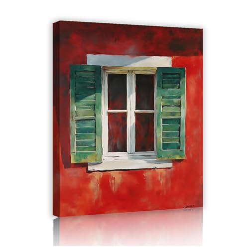 SHENGPOSTER Lienzo de moda vintage arte de pared ventanas elegantes estampado en lienzo cuadros estirados rojos y verdes decoración del hogar para baño cocina 70x84cm marco interior