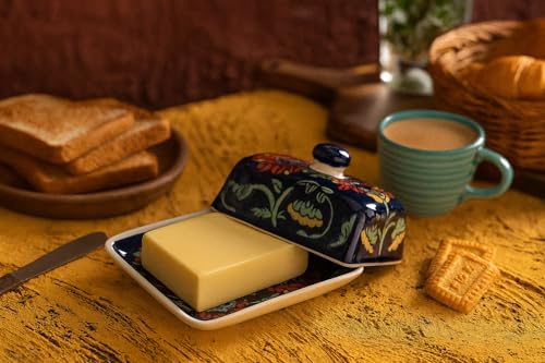 Image of HS HINDUSTANI SAUDAGAR Pushp Vatika Ceramic butterdish Handmade Container with Tray & lid Microwave & Dishwasher Safe Serve Ware for Hotel Cafe Restaurant Home Festival Ideal for Daily use & Gifting.