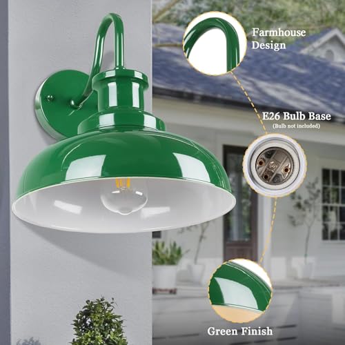 Image of Outdoor Barn Light, Rustic Outdoor Wall Sconce, Farmhouse Exterior Wall Mount Light, Vintage Indoor Wall Lighting Fixture, Industrial Green Lantern Lamp for Porch, Garage, Patio, RZ007 GR+WH