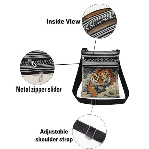 Tiger Waves Art Print Crossbody Bag Adjustable Shoulder Strap Messenger Bag Unique Holiday Present Birthday Gift for Adult Friend Tiger Lover 6