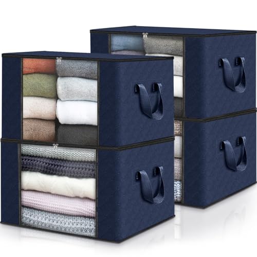 Image of Fab totes Storage Bags,Clothes Blanket Storage Bins Foldable Closet Organizers with Reinforced Handle for Home Dorm Storage and Organization,Fabric Bags for Organizing Sheets,Clothing (Blue,4 Pack)