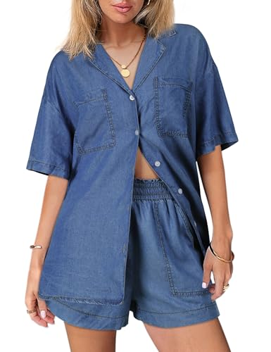 Denim Set for Women 2 Peice Outfits Jean Shirts Top and Shorts for Summer Lightweight Tracksuits Trendy