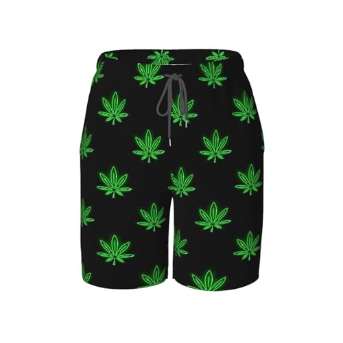 Boys Swim Trunks Neon Cannabis-Leaf Glowing Icons Black Kids Swim Shorts Quick Dry Beach Board Pocket