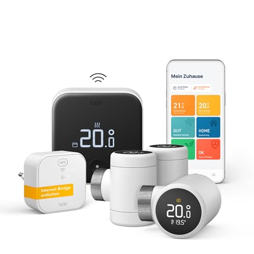 tado° Smartes Heizkörperthermostat X – Starter Kit mit Bridge X, Trio Pack & Funk-Temperatursensor, Heizungssteuerung per App und Smart Speaker (Alexa, Siri, Google Assistant), Energie sparen, DIY