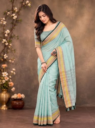Image of MADHUHANSH Women's Cotton Linen Saree with Unstitched Blouse Piece and Floral Printed Pattern | Women Saree for Special Occasion | Stylish Modern Sarees
