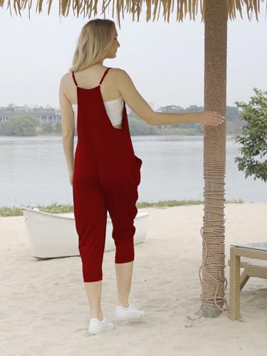STOLKISS Women’s Spaghetti Strap Jumpsuits Summer Casual Sleeveless V Neck Thin Shoulder Strap Adjustable Jumpsuit Pant with Pockets (Y017 Wine Red, Large) — view 5