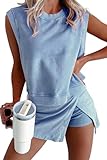 KevaMolly Womens Travel Outfits Summer Lounge Set 2 Pieces Mineral Wash Cotton Tank Top Lined Split Athletic Skirt Set Blue XL