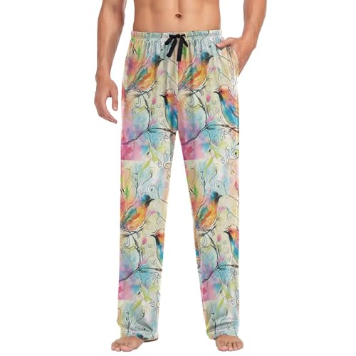 Men’s Watercolor Flower Pattern Pajama Pants with Pockets, Comfortable Lounge Sleep Bottoms#853