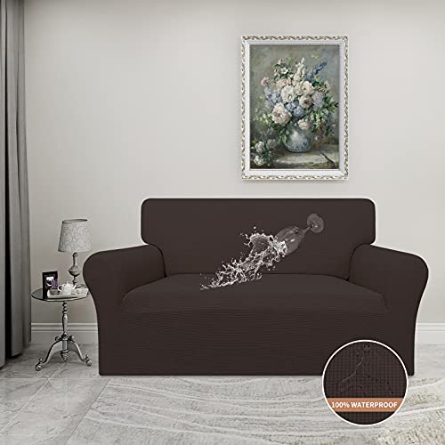 Image of Easy-Going 100% Waterproof Loveseat Couch Cover Stretch Jacquard Sofa Cover | Dual Waterproof Sofa Slipcover, Leakproof Furniture Protector for Kids, Pets, Dog and Cat (Loveseat, Chocolate)