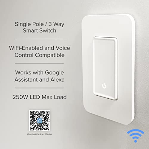 Luvoni Smart Wifi Wall Light Switch, 3-Way/Single Pole Digital Switch With Led Indicator Light, Voice Control Compatible, Needs Neutral Wire, No Hub Required, Screwless Wall Plate Included, By Maxxima #TOP3