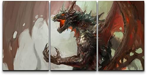 wall26 Canvas Print Wall Art Set Horned Mythological Ancient Dragon Fantasy & Sci-Fi Myth Illustrations Modern Art Contemporary Scenic Fun Colorful for Living Room, Bedroom, Office - 16"x24"x3 Panels