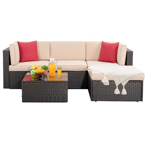 Shintenchi 5 Pieces Patio Furniture Sets Outdoor All-Weather Sectional Patio Sofa Set PE Rattan Manual Weaving Wicker Patio Conversation Set with Glass Table & Ottoman Cushion and Red Pillows, Beige