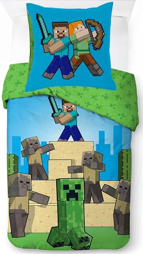 Parure de Couette Minecraft - 1 Housse de Couette Minecraft 140x200 + 1 taie 65x65cm (Parure de lit Minecraft, 140 x 200 cm | 65 x 65 cm)
