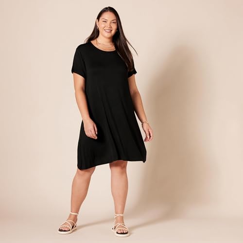 Amazon Essentials Vestido con Vuelo de Manga Corta y Cuello Redondo y Amplio (Disponible en Tallas Grandes) Mujer, Negro, M